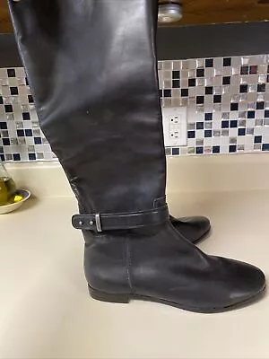 MODERN VINTAGE BLACK LEATHER Moto BOOTS SZ 8 EU 38 Anthropologie KNEE HIGH • $45