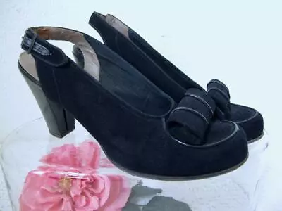 Vintage 40s 50s Black Suede Slingback Heels 6.5 AA Leather Piping Instep Trim • $85.63