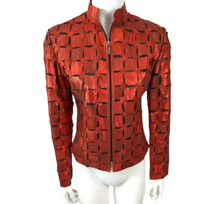 Vintage 80s Leather Jacket Sz XS Womens Metallic Red Cut Out Thriller MJ Moto  • $185