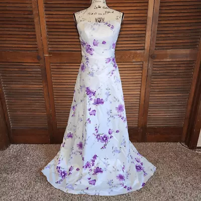 Mori Lee By Madeline Gardner White & Purple Floral Prom Dress Size 9/10 A Line • $89