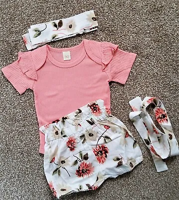 Baby Girls Floral 3 Piece Bodysuit Headband &  Short Set Pink Age 3-6 Months • £5.99