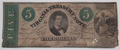 1862 $5 Virginia Treasury Note Net Fine Cond. W/Damage • $49.95