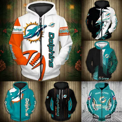 Miami Dolphins Men Full Zip Hoodie Casual Hooded Sweatshirts Pockets Jacket Coat • $37.99