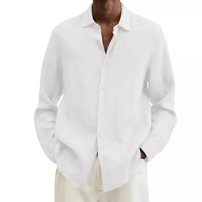 ✿Mens Cotton Linen Long Sleeve Shirt Solid Baggy Button-down Tops T Shirt Blouse • $15.48
