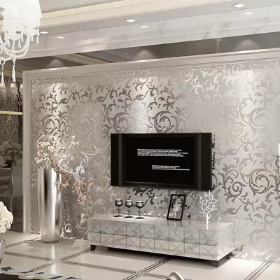 Luxury 3D Metallic Textured Damask Embossed Wallpaper Silver Glitter Home Decor • £8.95