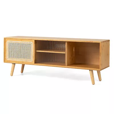 Entertainment Center Media Console Modern TV Stand W/Rattan  Glass Sliding Doors • $119.99