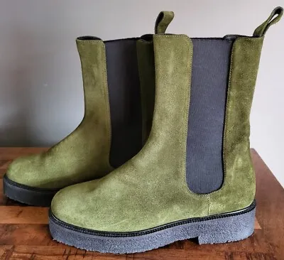 $240 • Buy STAUD Women Palamino Suede Olive Green Chelsea Black Textured Platform Boots 37