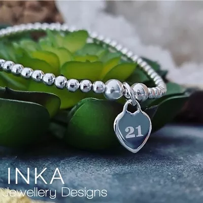 Inka 925 Sterling Silver Beaded Stacking Bracelet With A 21st Heart Charm • £22