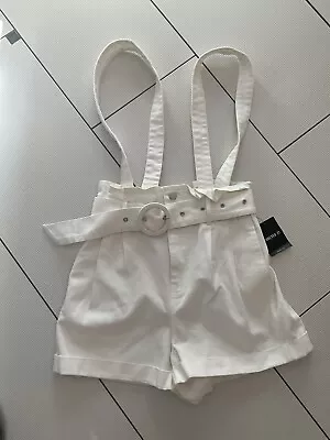 $23 • Buy NWT Forever 21 Cream Overall Suspenders Ruffle Belted Cuffed Shorts Size Medium