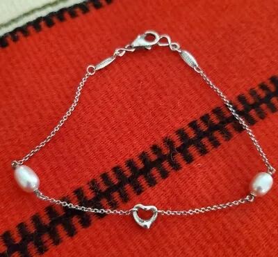 Tiffany & Co Elsa Peretti Silver Open Heart And 2 Pearls Bracelet 7  Inch • $249