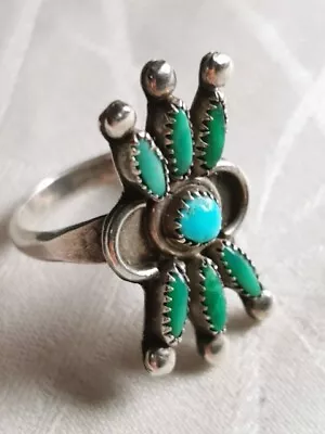 Vintage ZUNI Turquoise Sterling Silver Petit Point Ring Native American 925 6.5 • $42