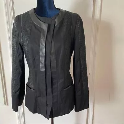 Elie Tahari Black Leather Cotton Embroidered Fitted Moto Jacket Unique Medium • $90