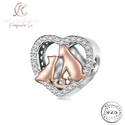 Cat Charm Genuine 925 Sterling Silver & Rose Gold - Animal Gift • £16.99