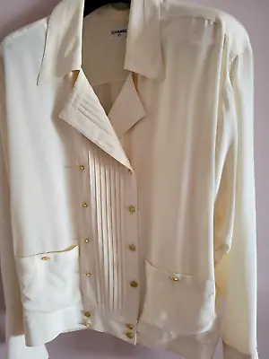 Auth. Vintage 90s Chanel Ivory Pleated Silk  Blouse Cc Logo Gold  Buttons M/l • $599
