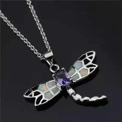 Dragonfly White Simulated Opal Purple Cz Pendant Necklaces Women Jewelry • $0.98