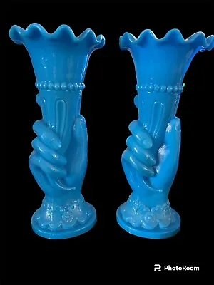 Set Of Two Antique Blue Milk Glass/Opaline Hand Vase ~ 8 1/2” Tall • $125