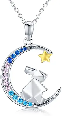 Bunny Moon Star Necklace 925 Sterling Silver Origami Cute Rabbit Pendant Women • $87.25