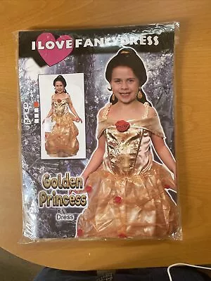 GOLDEN PRINCESS COSTUME FAIRYTALE BOOK DAY BEAUTY GIRLS FANCY DRESS Halloween S • £2.99