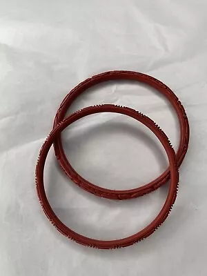Antique Pair Cinnabar Bangle Bracelets 1/8 W Carved Detail 2 1/4  Interior D  • $45