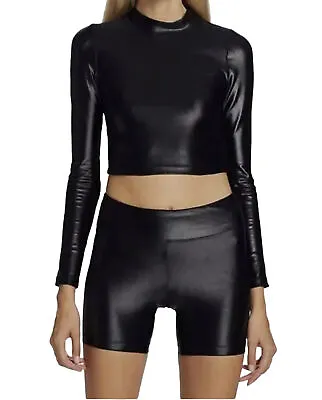Koral S Black NWTS Luca Infinity Crop Top PVC Mock Neck Punk Sporty Work Out • $28.90