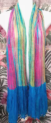Vismaya 100% Silk Turquoise Multicolor Crinkle Scarf W/Pom Poms Made In India • $29