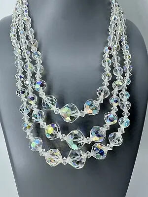 VINTAGE 3 Multi STRAND AURORA BOREALIS AB FACETED CRYSTAL GLASS BEAD NECKLACE • $38