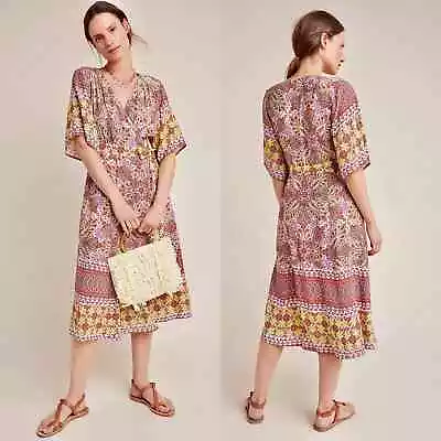 Anthropologie Kachel Mirabelle Midi Wrap Dress Sz 8 Multicolor Paisley Boho VGUC • $44.98