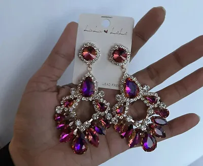 Large Fuchsia Big Long Gold AB Pink Magenta Rhinestone Crystal Earrings 3.6” • $16.90