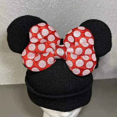 Disney Girls Black Minnie Mouse Ears Bow Knit Beanie Cap Hat Glitter Red Bow • $14.99