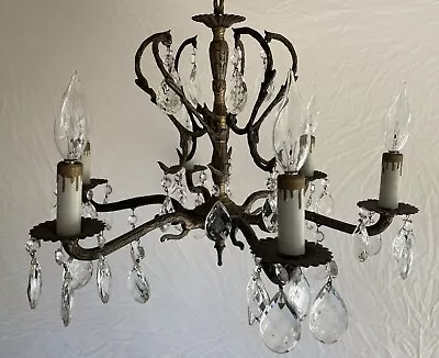 Vintage Spanish Style Brass Ornate Crystal 6 Light Chandelier • $225