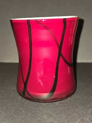 Red Crimson Vase Cased White Black Ribbon Hand Blown Glass 4  • $18.99