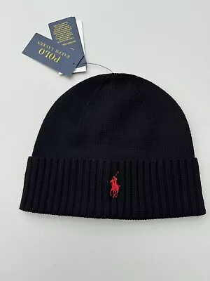 BNWT Polo Ralph Lauren Black W/ Red Pony - Wool Beanie Knitted Hat • £35