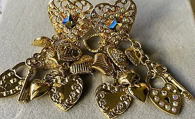 Vintage KIRKS FOLLY Aurora Borealis Gold Dangle Multi Heart Clip On Earrings! • $49.99
