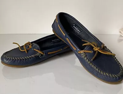 Minnetonka Women’s Slip On Moccasins Blue Leather Brown Trim Tie Size 9.5 • $20