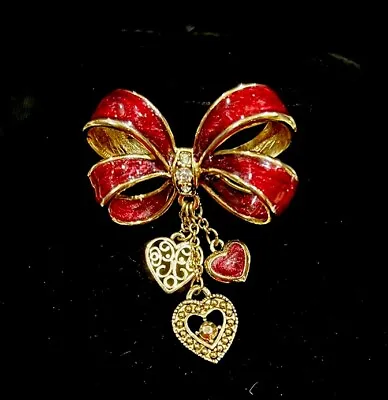 Vintage MONET Signed Red 3D Enamel Bow W/ 3 Heart Charm Rhinestones Brooch Pin • $15