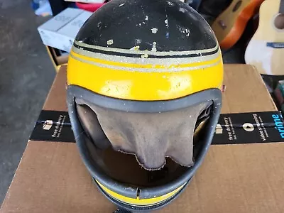 Vintage 70s Metalflake Snowmobile HELMET ORANGE BLACK YELLOW Full Face • $49.99