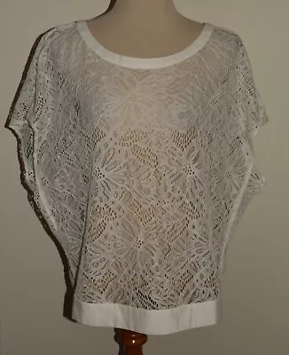 Womens Cabi XL White Sheer Floral Lace Cap Sleeve Coverup Blouse 5342 • $19.99