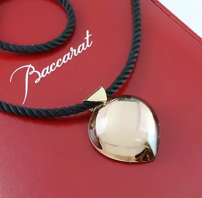 Baccarat Crystal Clear Brown / 18K Yellow Gold Pendant Black Cord Necklace W/Box • £144.77