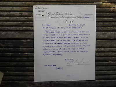 GWR Bristol Letter Re: Public Using Footpath From Langport Football Club 1910 • $5.79