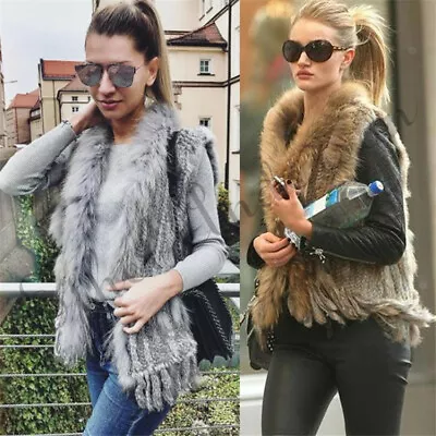 Real Women's Rabbit Fur Vest With Raccoon Fur Collar Kintted Multi-color Furry • £45.59