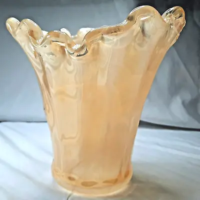 Murano Peach White Swirl Ruffled Edge Lavorazione Arte Glass Vase 7  T 6 1/2  W • $30