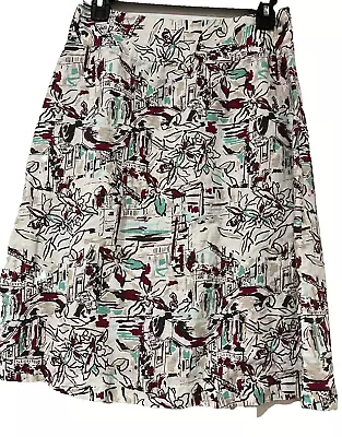 Merona 100% Linen Midi Skirt A Line Street Scenes Floral White Red Green Gold 12 • $19