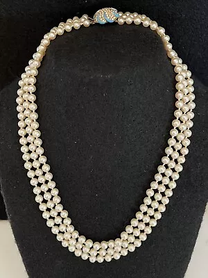 Vintage Faux Pearl 3-strand Necklace 18-19” Rhinestone Round Clasp Champagne • $29