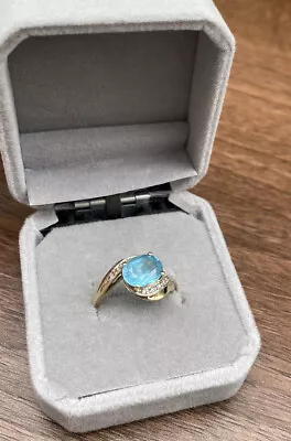 9ct Yellow Gold Ring Large Blue Topaz Diamond Hallmarked 9K 375 QVC Size M • £95