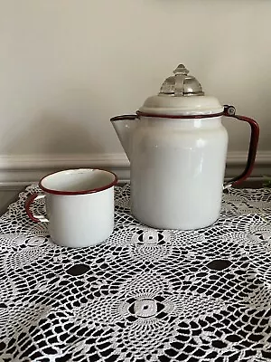 Vintage Red White Enamelware Coffee Pot Break-No-More Gardella Glass Dome Cup • $9.99