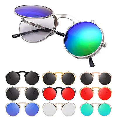 Round Metal Flip Up Sunglasses Retro John Lennon Circle Vintage Unisex Glasses • $10.99