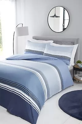 Reversible Stiped Duvet Cover Easy-Care Teenagers Single Quilt Bedding Set Blue • £11.95