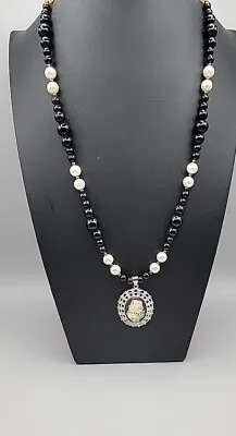Vintage Black Glass Bead Faux Pearl Porcelain Floral Cameo Pendant Necklace 25   • $35