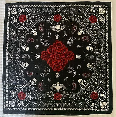 Biker Black Skull Paisley Rose Bandana 100% Cotton Handkerchief Scarf • $8