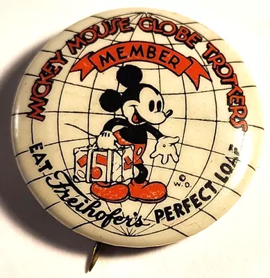 Vintage Mickey Mouse Globe Trotters Member Pinback Freihofer's Bread • $29.95